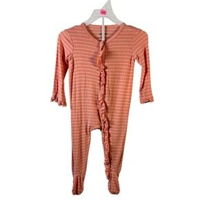 Little Me Baby Girl Coral Pink‎ White Striped Ruffle Bamboo Viscose Sleeper 6M